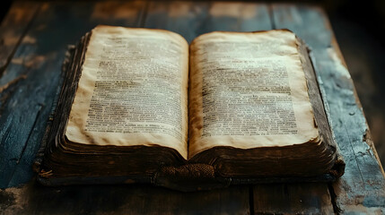 Obraz premium Open Book Lying Flat on a Wooden Table with Slightly Torn Pages, Capturing a Cozy Reading Atmosphere