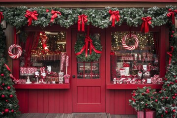 Christmas candy shop decorated with red ribbons, wreaths, and candy cane garlands, festive and joyful holiday setting