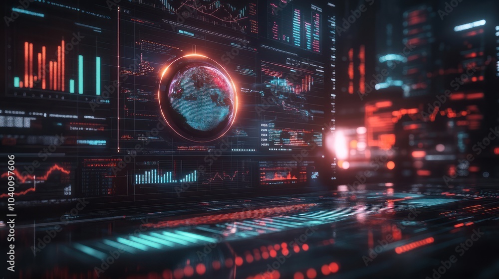 Poster a digital representation of the earth surrounded by data visuals and graphs in a futuristic financia