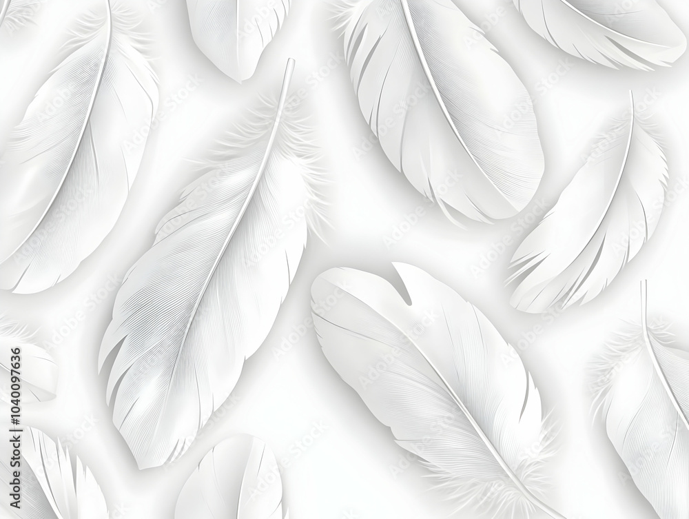 Poster seamless pattern of minimalist white feather outlines in flat vector design, emphasizing delicacy an