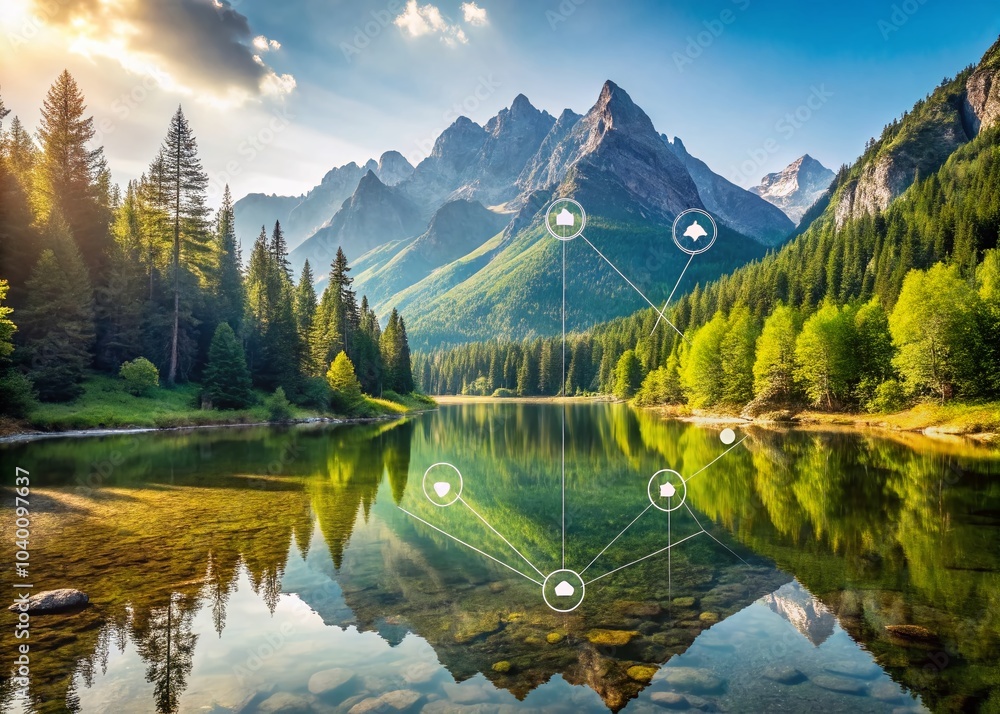 Poster minimalist landscape with thin line pointer symbols for navigation and exploration