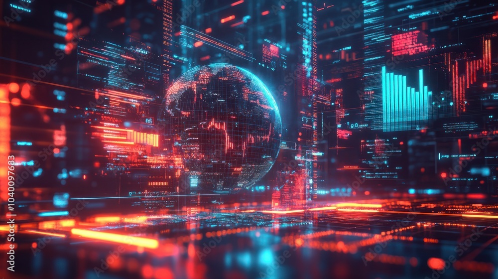 Poster a digital representation of the earth surrounded by data visuals and graphs in a futuristic financia