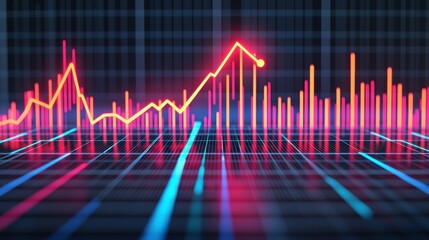 A vibrant graph displays a fluctuating trend line with colorful spikes, suggesting rising data or financial metrics in a digital environment.