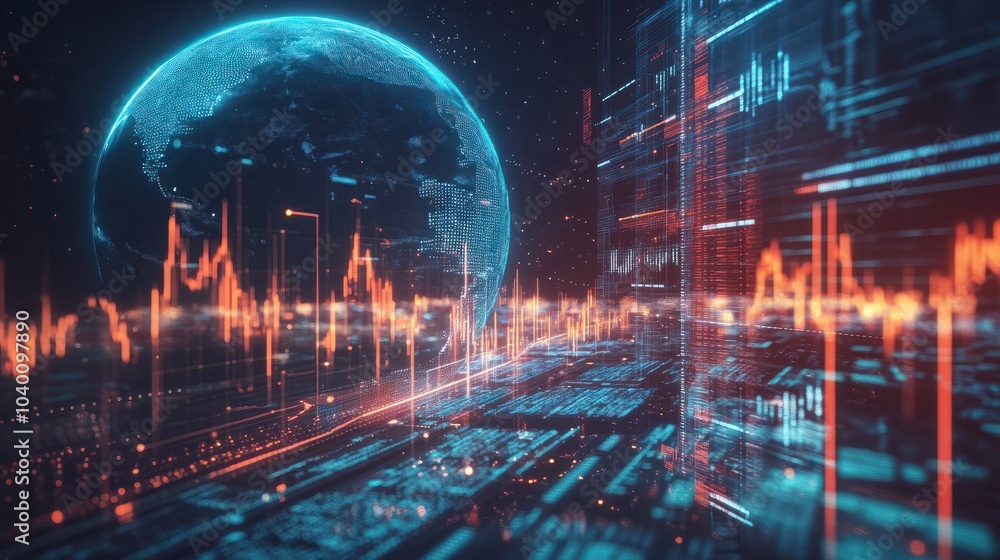 Poster a digital representation of the earth surrounded by data visuals and graphs in a futuristic financia