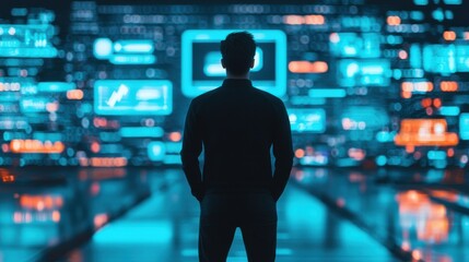 A person stands silhouetted against a backdrop of glowing digital screens, immersed in a futuristic environment filled with data and technology.
