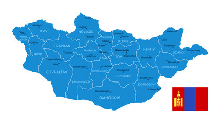 Obraz premium Mongolia - Detailed Blue Country Map with Cities and Regions. National Flag. Vector Illustration.
