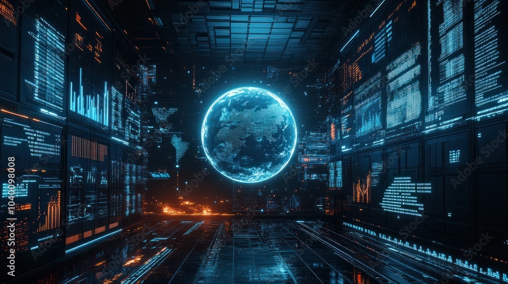 Poster a digital representation of the earth surrounded by data visuals and graphs in a futuristic financia