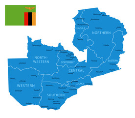 Fototapeta premium Zambia - Detailed Blue Country Map with Cities and Regions. National Flag. Vector Illustration.