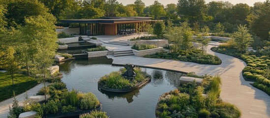 Fototapeta premium An aerial view of a tranquil garden with a pond, sculpture, and a modern building.