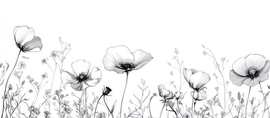 Black and white line drawing of poppies and other wildflowers.