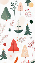 Minimalist holiday card design featuring simple graphic elements like trees, branches, and abstract shapes in festive color palette. Perfect for seasonal greetings