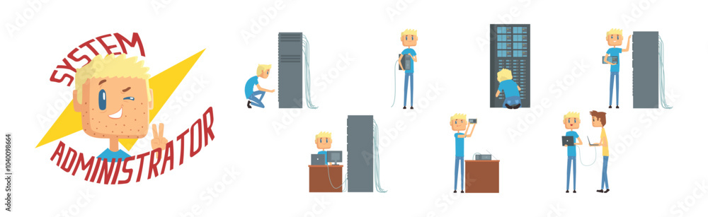 Poster funny male sysadmin character work with server vector set