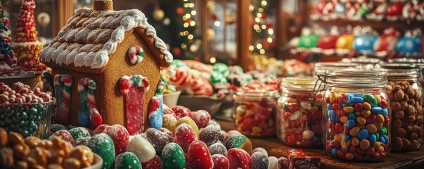 Fototapeta premium Christmas candy shop interior featuring candy-filled stockings, colorful jars of sweets, and a large gingerbread house centerpiece