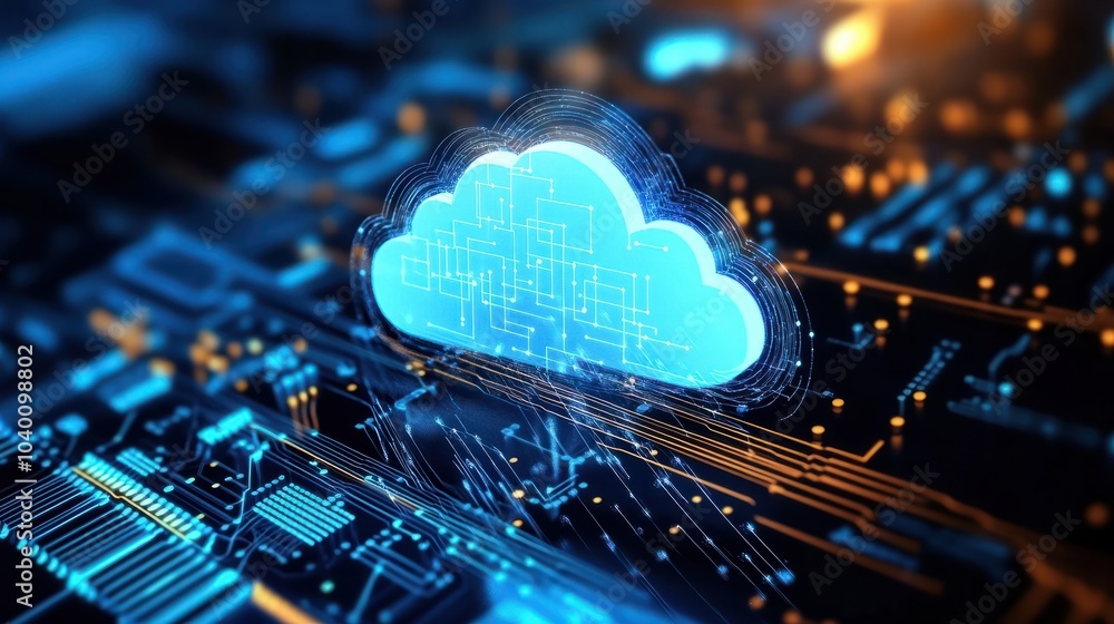 Poster a glowing digital cloud icon hovers above intricate circuitry, symbolizing cloud computing and data 