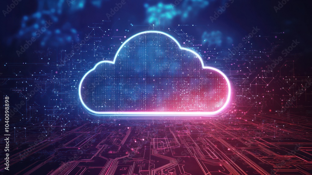 Poster a glowing digital cloud icon hovers above intricate circuitry, symbolizing cloud computing and data 
