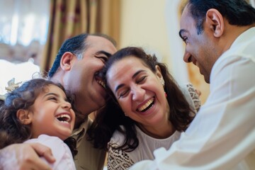 Obraz premium Cheerful Middle Eastern family of three celebrates joy and love together at home during a sunny afternoon