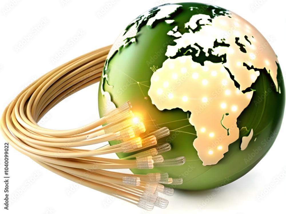 Poster glowing fiber optic cables forming globe macro photography - intricate network symbolizing global da