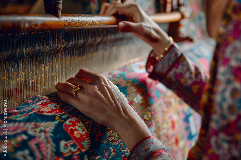 Poster weaver actively working on a colorful tapestry using a traditional wooden loom generative ai image
