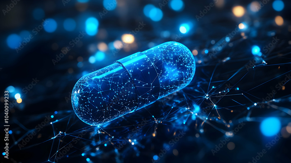 Poster blue capsule resting on a digital network of intersecting lines, symbolizing technology and innovati