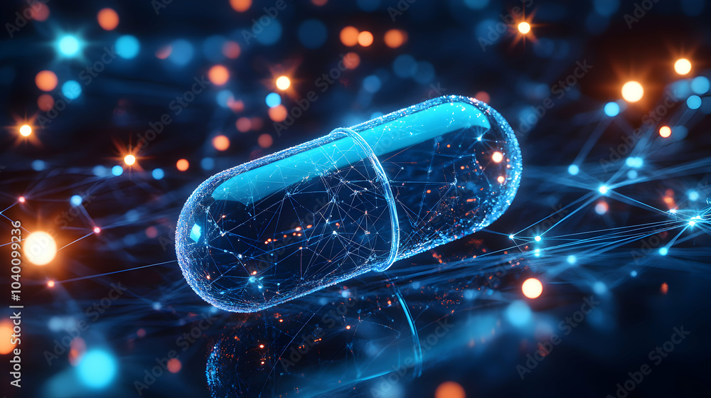 Poster blue capsule resting on a digital network of intersecting lines and nodes, symbolizing technology an