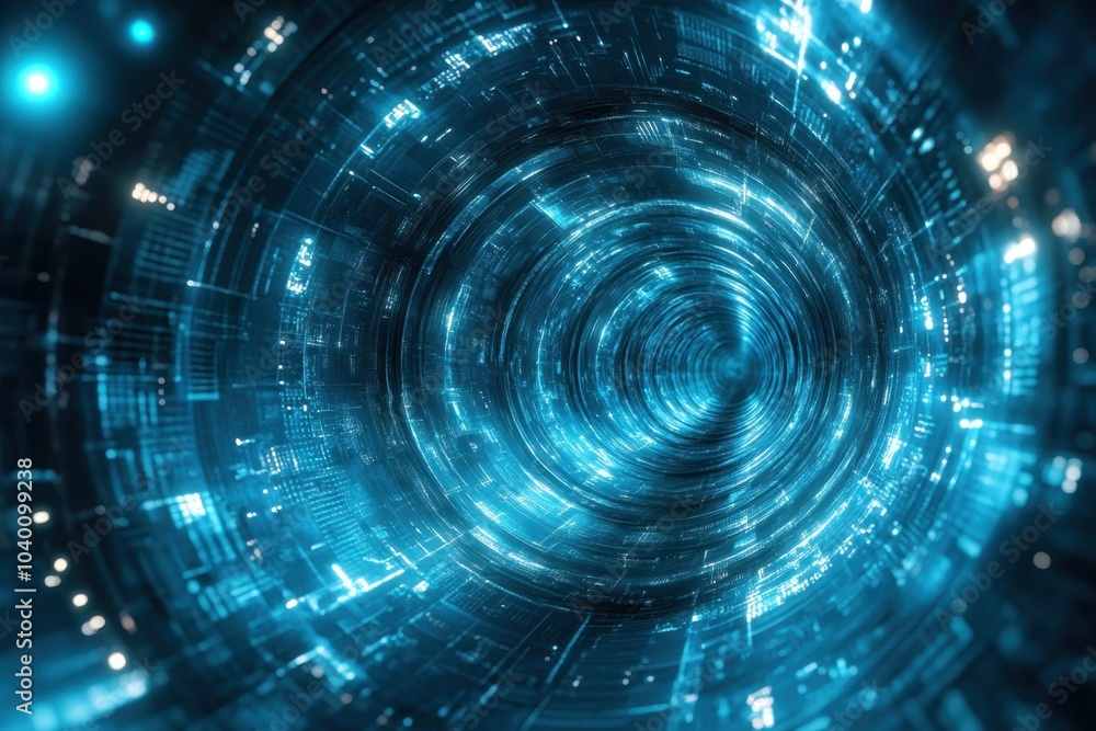 Poster exploring a vivid blue digital tunnel with glowing patterns and swirling lights