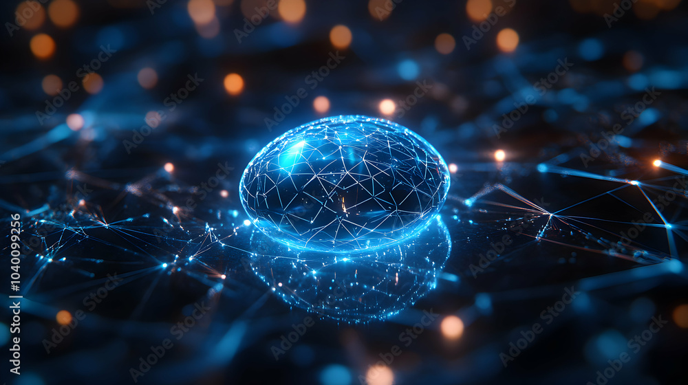 Poster blue capsule resting on a digital network of intersecting lines, representing technology and innovat