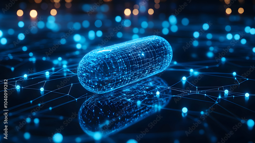 Poster blue capsule resting on a digital network of intersecting lines and nodes, symbolizing technology an