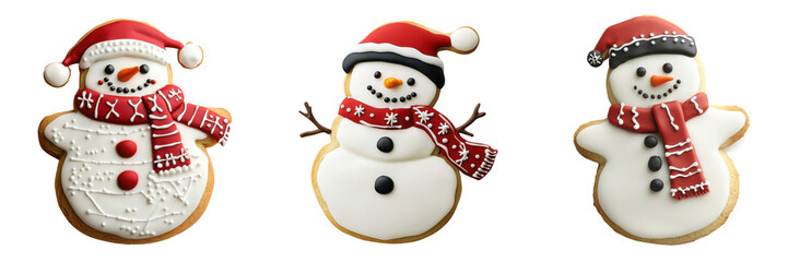 Set of a snowman-shaped cookie with frosted details like a scarf and a hat isolated on transparent background (3)