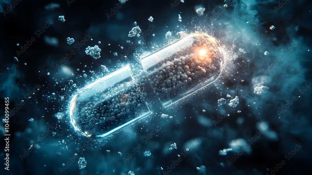 Poster fine particles emanating from a capsule breaking apart in a soft focus background