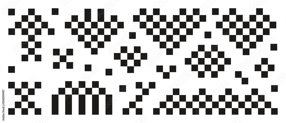 Poster Vector collection of pixel icons isolated on white background. Simple black retro shapes