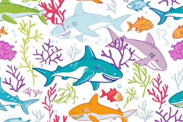 Naklejka premium A joyful undersea adventure with smiling sharks and vibrant coral in a child’s colorful crayon drawing pattern