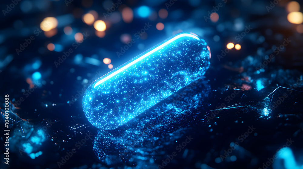 Poster glowing blue capsule centered in an abstract background with soft light effects