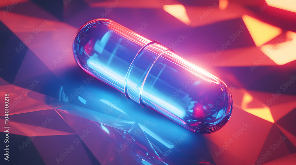 Poster glowing blue capsule centered in an abstract composition with soft lighting