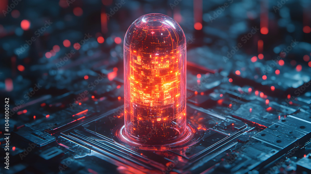 Poster futuristic glowing capsule surrounded by holographic interfaces in a sci-fi setting