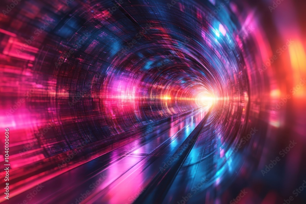 Poster a vibrant, swirling tunnel of light and color with glowing specks and dynamic patterns