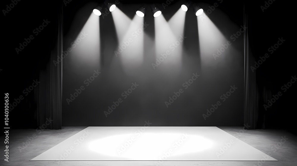Poster a white platform sits in front of a black backdrop with four spotlights shining on it.