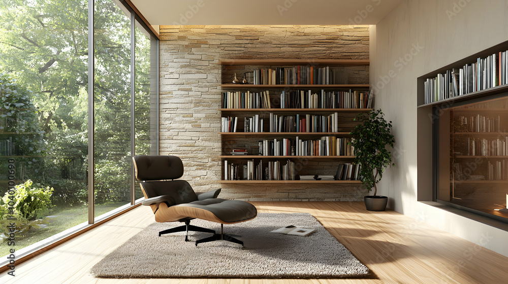 Poster modern bookshelf with neatly stacked books in a minimalist interior setting