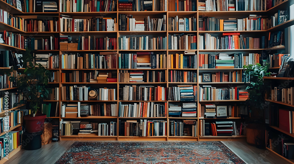Poster modern bookshelf displaying neatly stacked books with minimalist decor in a contemporary interior se