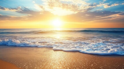 Fototapeta premium Gentle waves flowing onto a sunlit beach at golden hour, with a radiant sky and a sense of calm at the end of the day