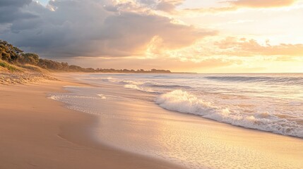Obraz premium Gentle waves rolling onto a sandy beach under the soft golden light of sunset, the sky glowing in radiant hues