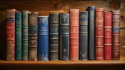 Naklejka premium A Row of Classic Hardcover Novels Arranged by Height on a Wooden Shelf