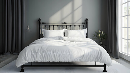 Modern Sleek Metal Bed Frame with Crisp White Linens in a Contemporary Bedroom Setting