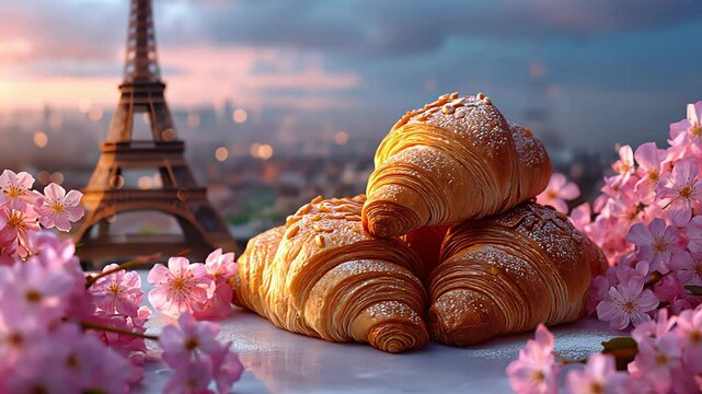 Delicious french croissants on romantic background of Eiffel tower. Created with Generative AI.	