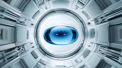 A Single Blue Capsule at the Center of Intersecting Geometric Shapes on a White Background