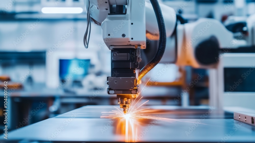 Poster a robot facilitating high-precision calibration in a clean, modern aerospace engineering lab with ad