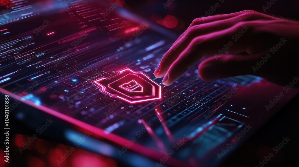 Poster a modern login concept image featuring a hand interacting with a secure shield icon on a laptop scre