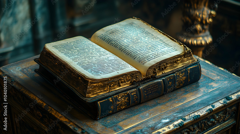 Poster elegant single open book with gold-edged pages resting on a surface, capturing a serene reading atmo