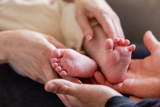 tiny feet of baby held in parents hands