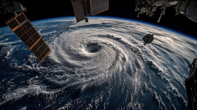 A powerful hurricane seen from space over the Atlantic.