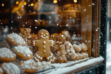 Gingerbread men and sugar cookies displayed in the window of a cozy Christmas candy shop, soft snowfall outside